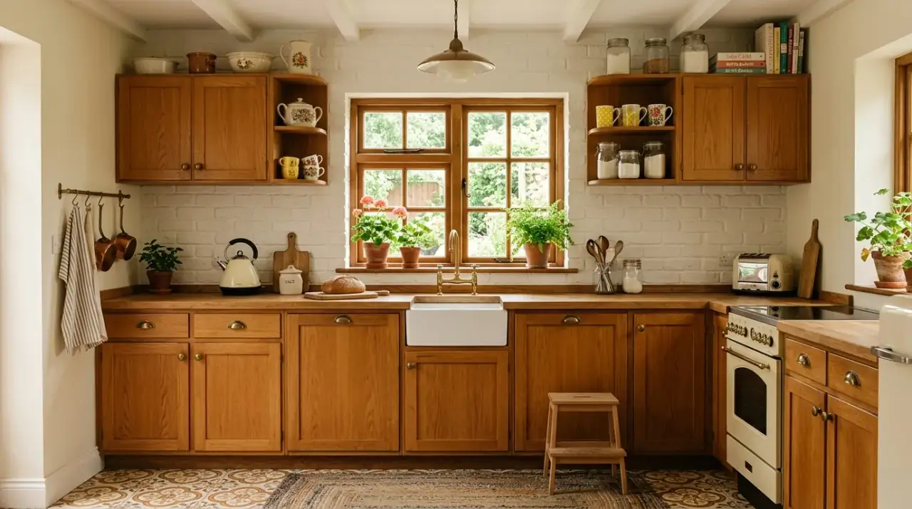 Glossy retro backsplash with wood. Glossy mid-century backsplash paired with matte wood cabinetry.
