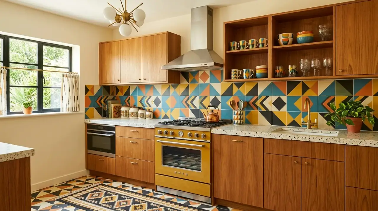 Statement retro backsplash. Mid-century kitchen using the backsplash as the main source of vintage flair.