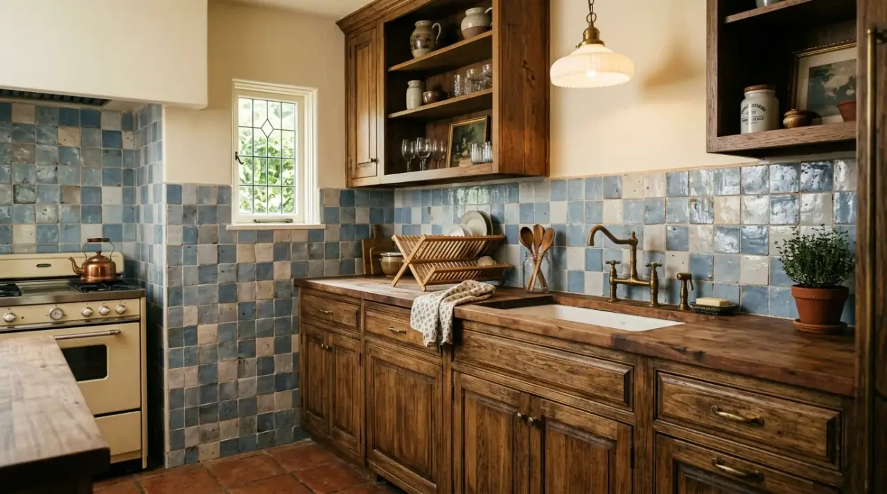 Retro backsplash with period details. Vintage-inspired backsplash coordinated with mid-century lighting and hardware.