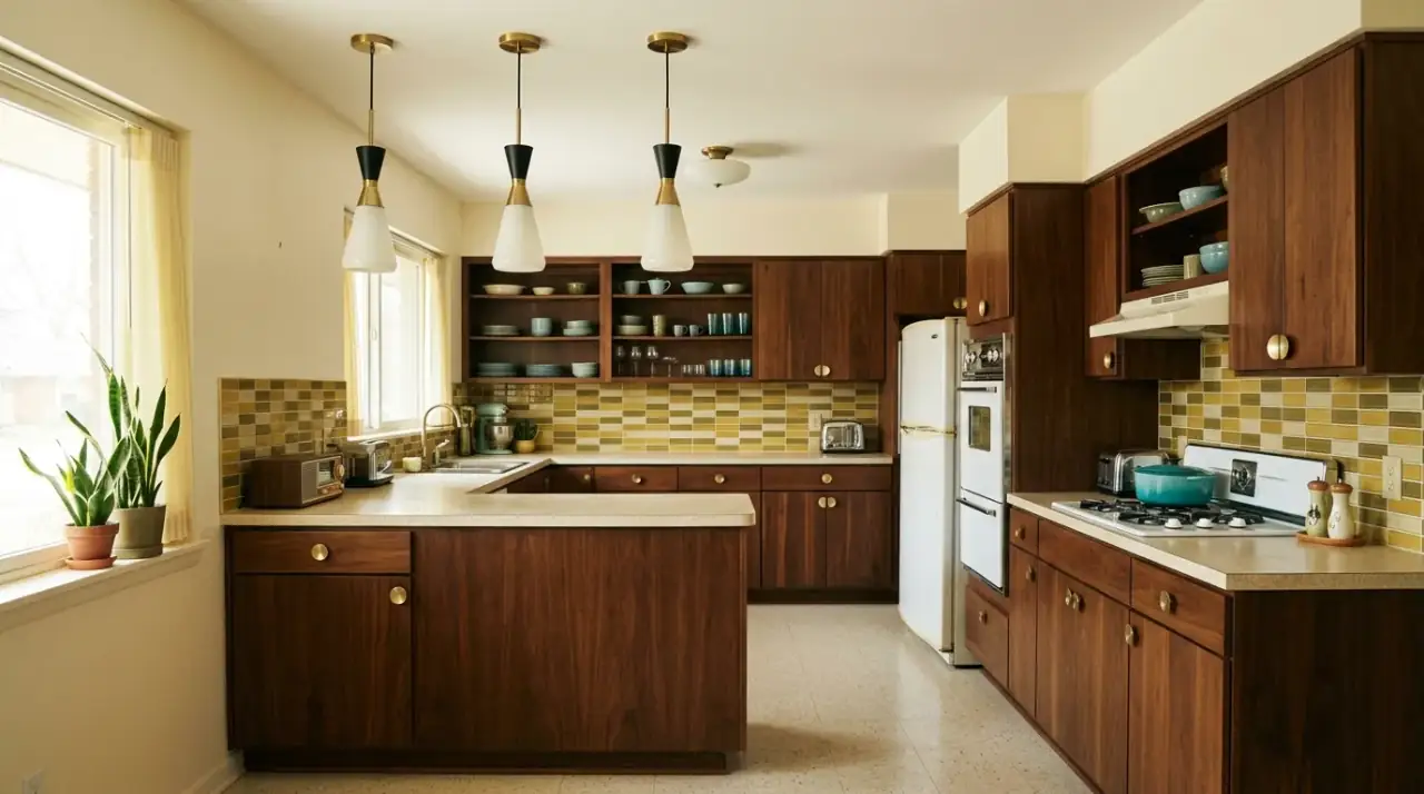 Retro backsplash overview. Mid-century modern kitchen backsplash adding stylish vintage flair and personality.