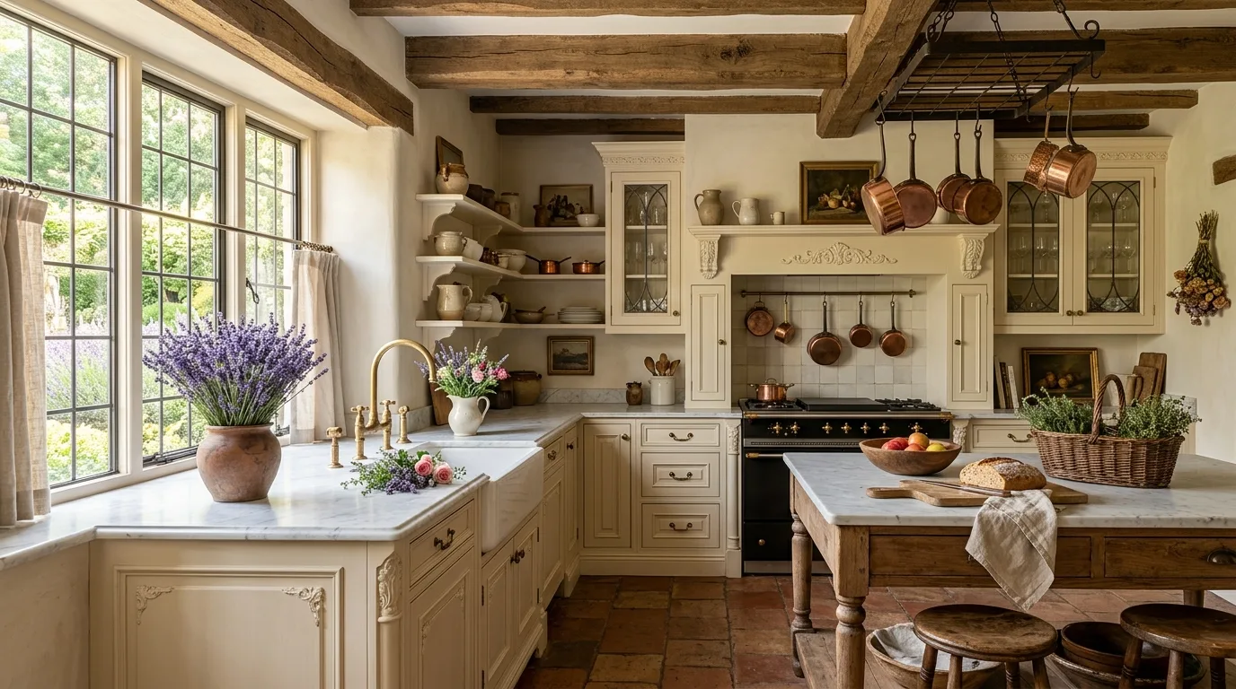 Romantic French cottage kitchen blending farmhouse comfort with elegant vintage charm.