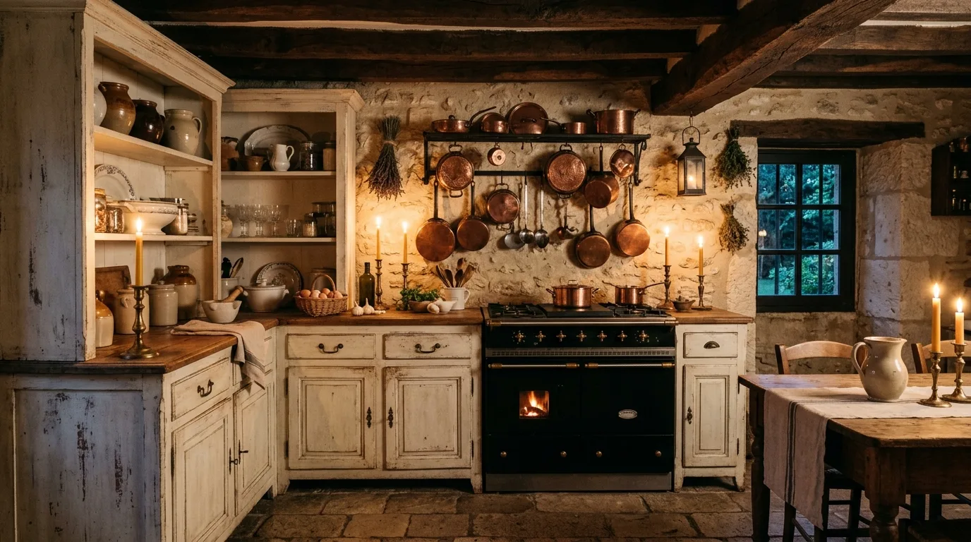 Aged wood in French cottage kitchen. Natural timber adding warmth to a romantic farmhouse-style cookspace.