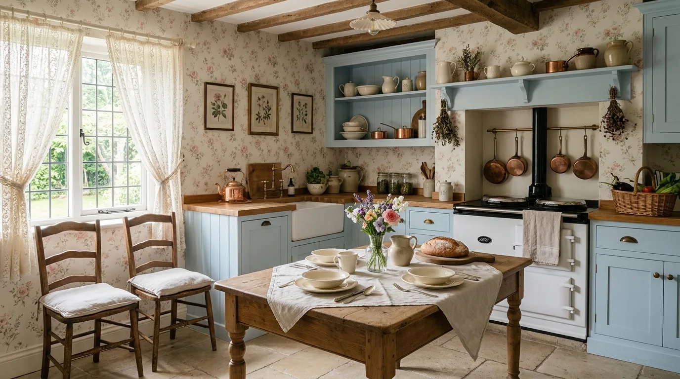 Furniture-style island in French cottage kitchen. A central island adding graceful farmhouse elegance to the room.