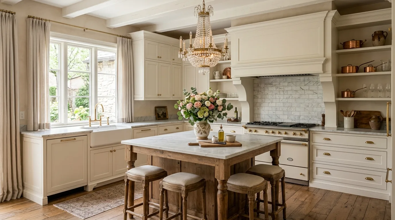 Stone counters in French cottage kitchen. Softly varied surfaces supporting a romantic farmhouse palette.