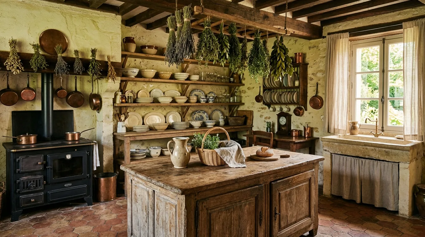 Muted blue and sage accents in French cottage kitchen. Soft accent colors adding romance to a farmhouse-elegant cookspace.
