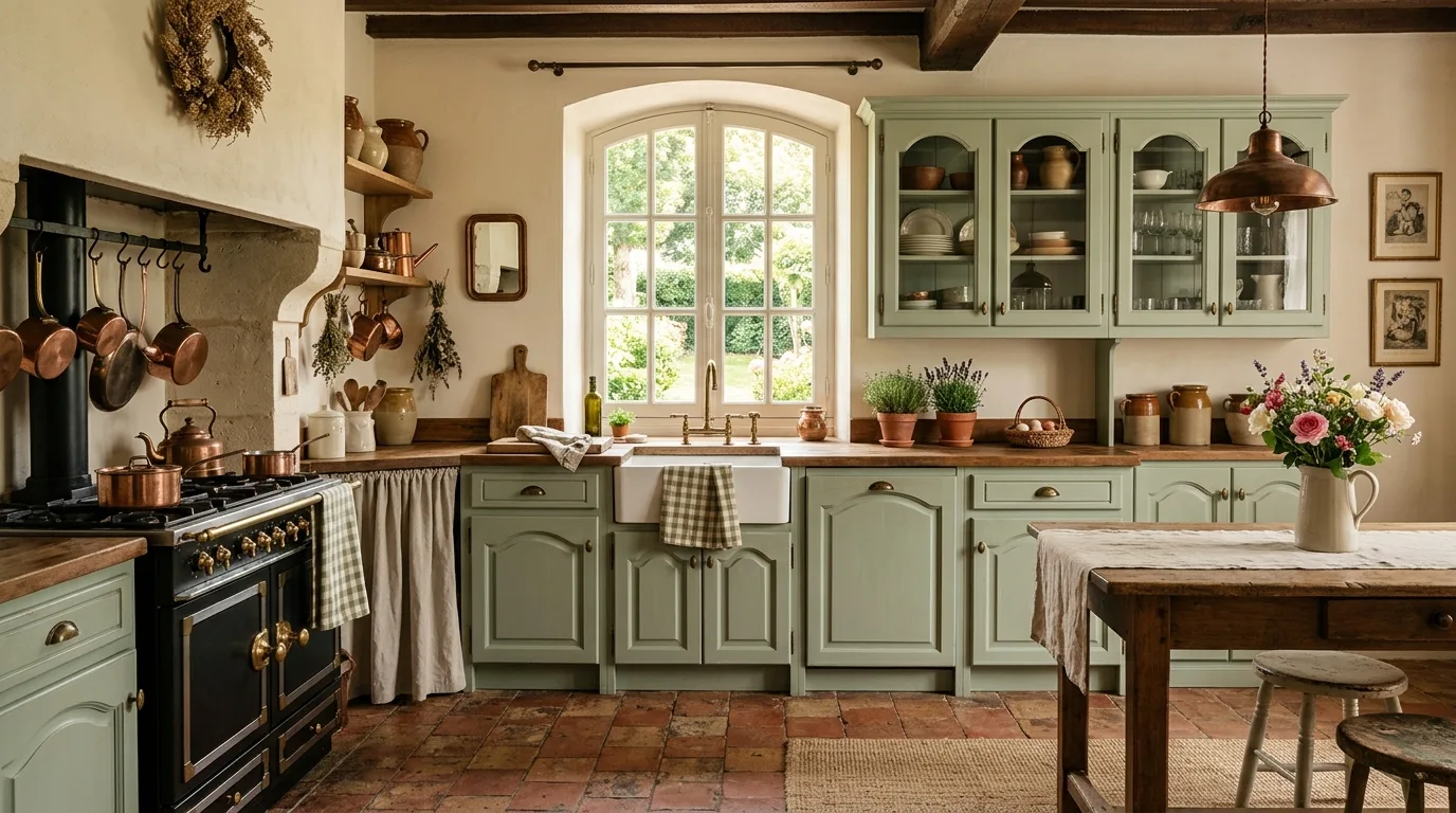 Open shelves in French cottage kitchen. Airy display storage adding personality and softness to the room.