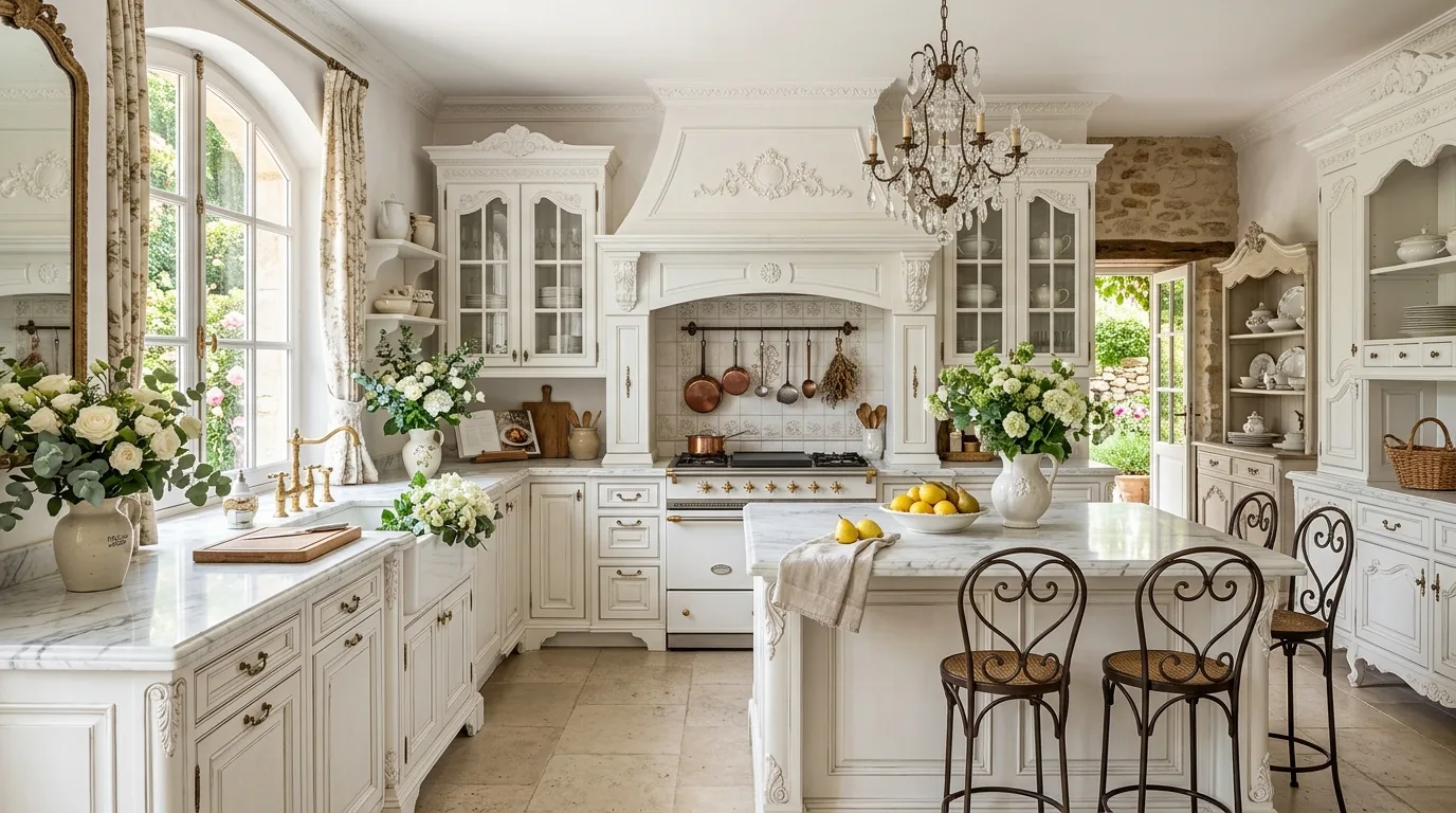 Patina hardware in French cottage kitchen. Aged metal details reinforcing the room's romantic character.