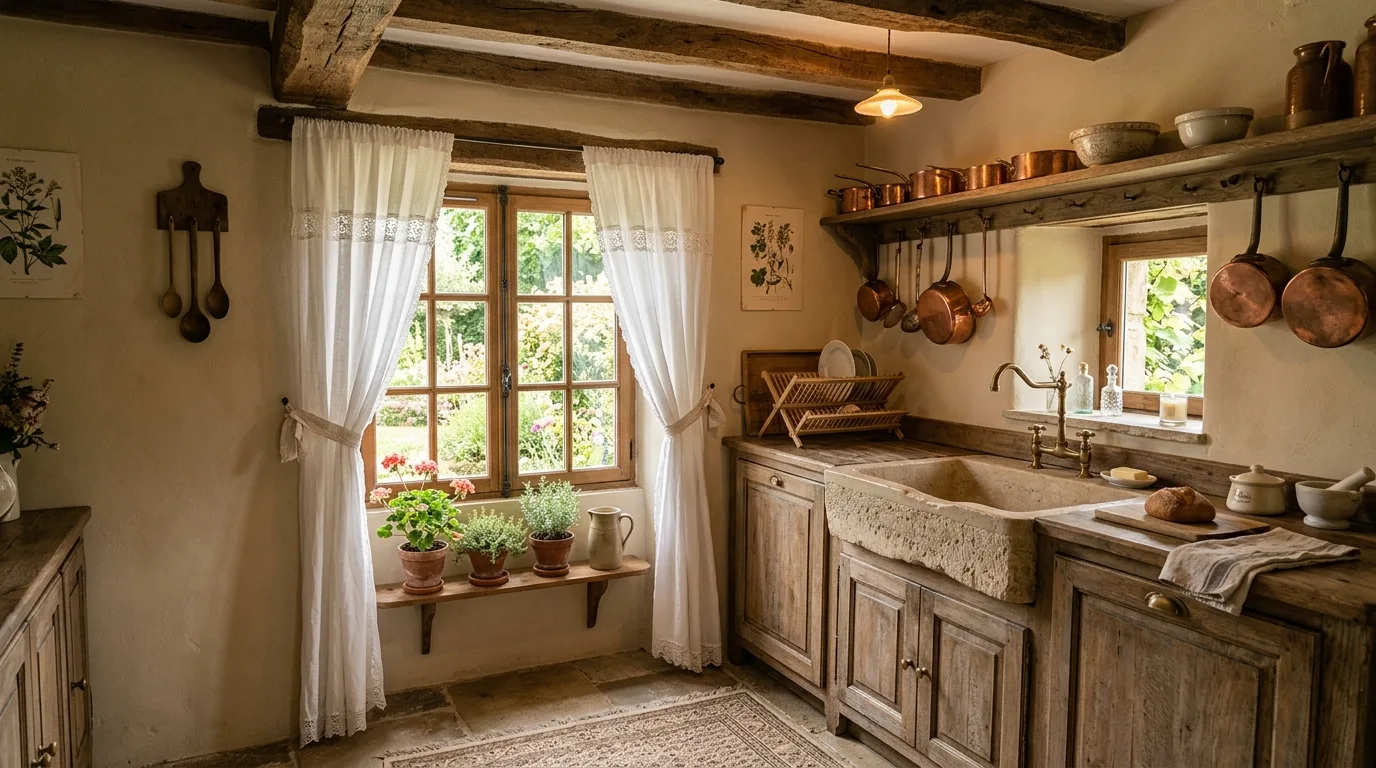 Styled range wall in French cottage kitchen. A graceful cooking zone adding focal-point elegance to the space.