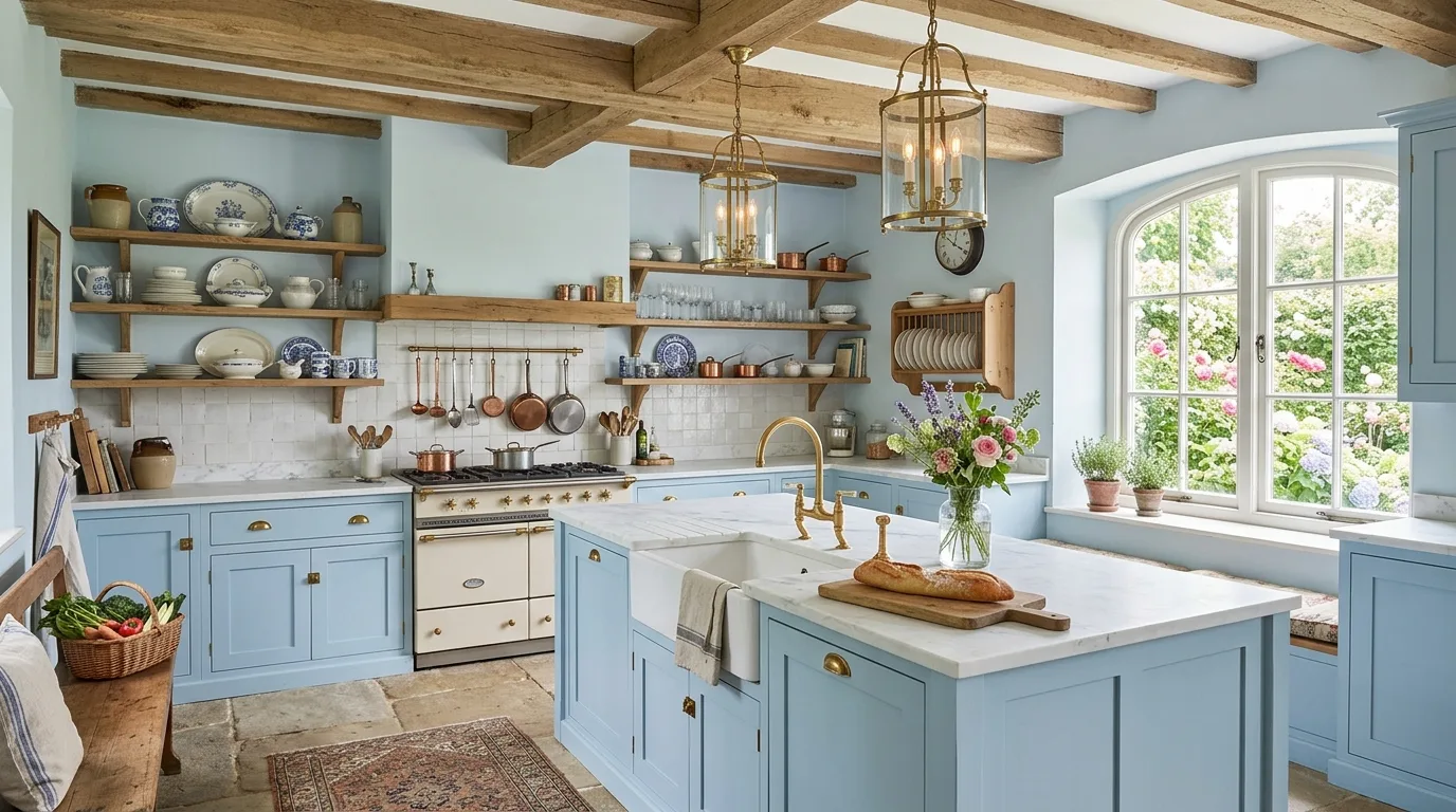 Mixed seating in French cottage kitchen. Layered chairs and stools adding farmhouse elegance and personality.