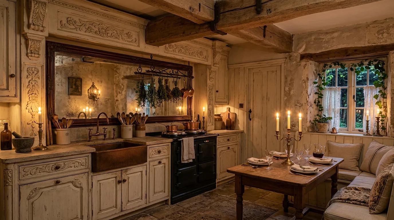 Soft fabric details in French cottage kitchen. Gentle textiles adding warmth and romance to the cookspace.