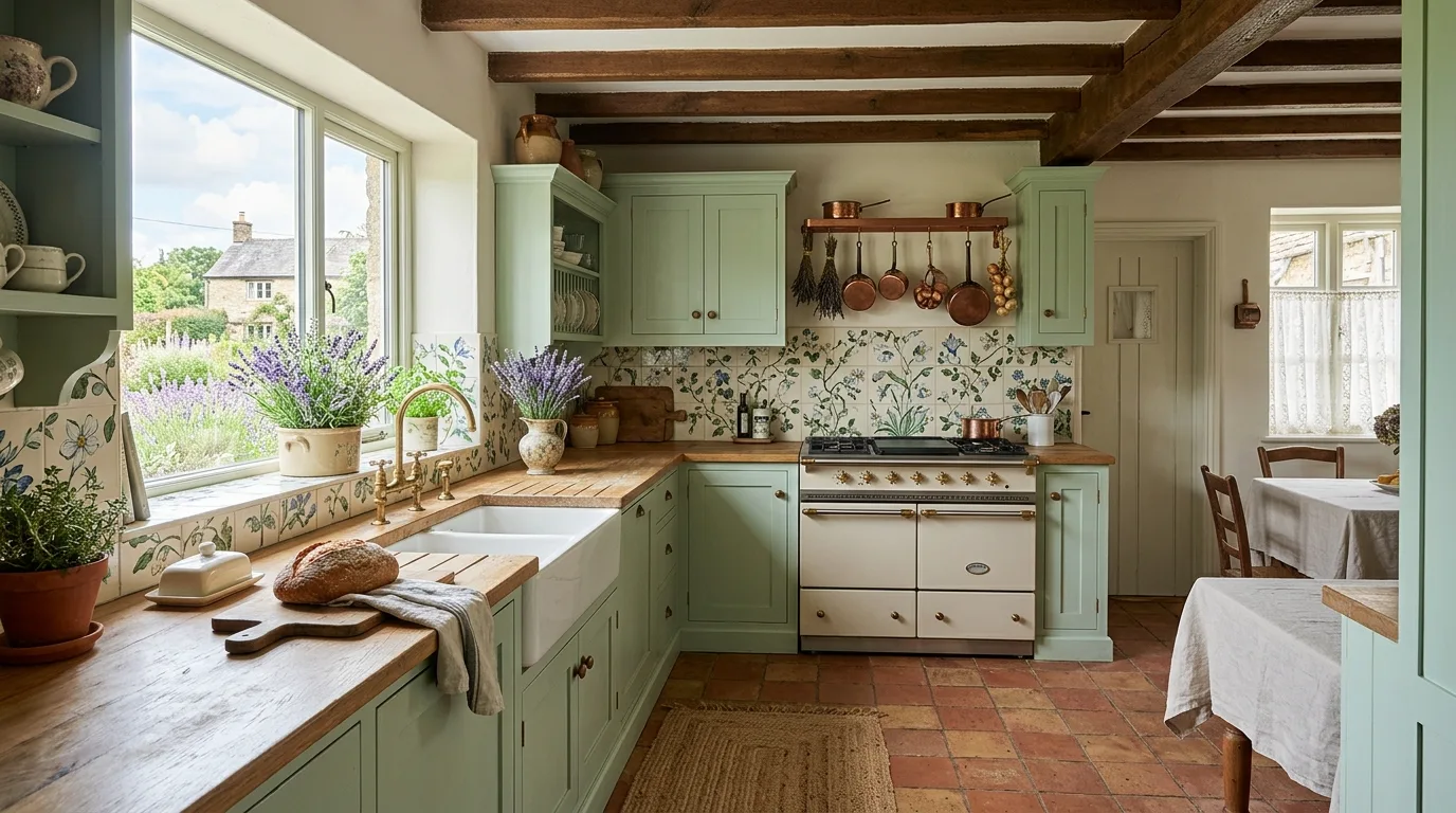 Warm delicate lighting in French cottage kitchen. Soft fixtures creating a romantic farmhouse-elegant atmosphere.