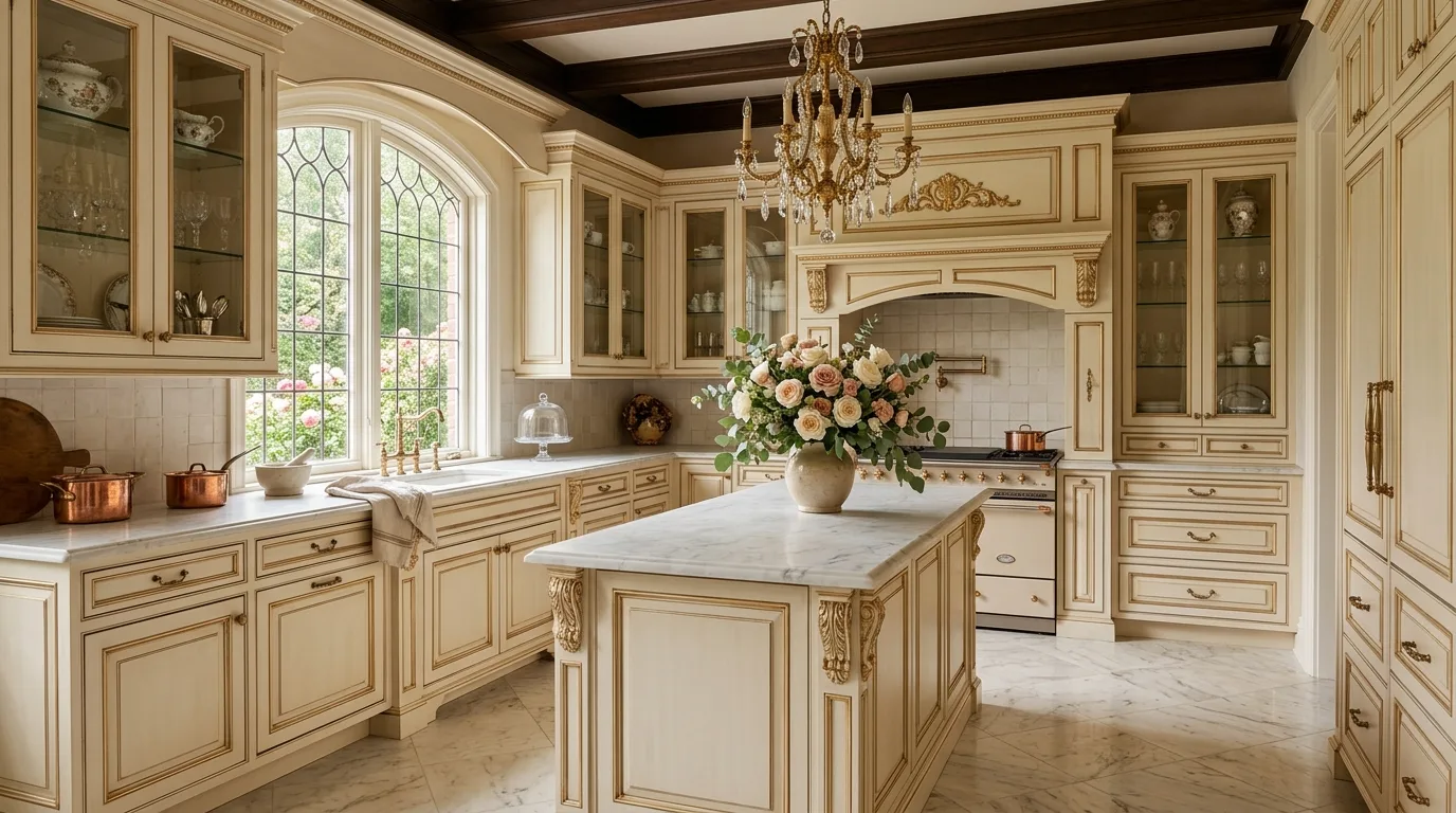 Displayed everyday pieces in French cottage kitchen. Useful objects styled with heirloom-like warmth and charm.