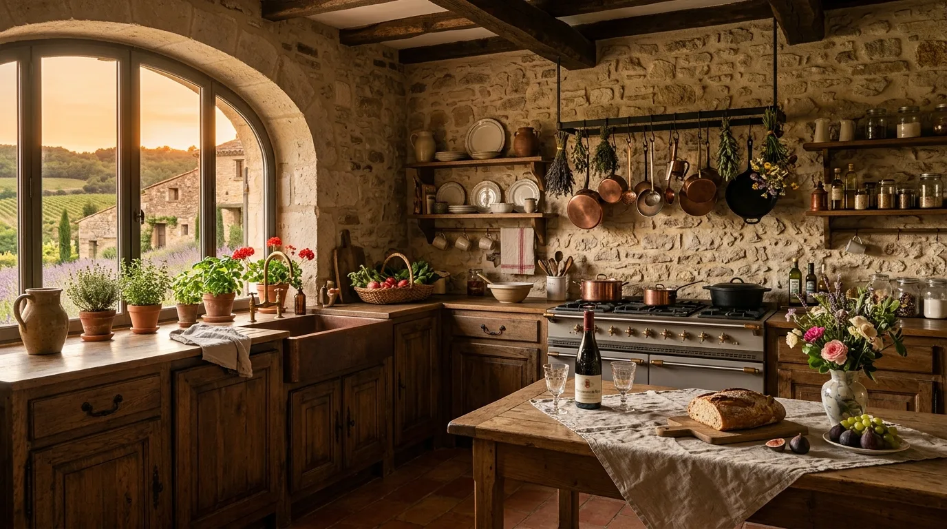 Timeless flooring in French cottage kitchen. Character-rich floor materials grounding the room's farmhouse elegance.