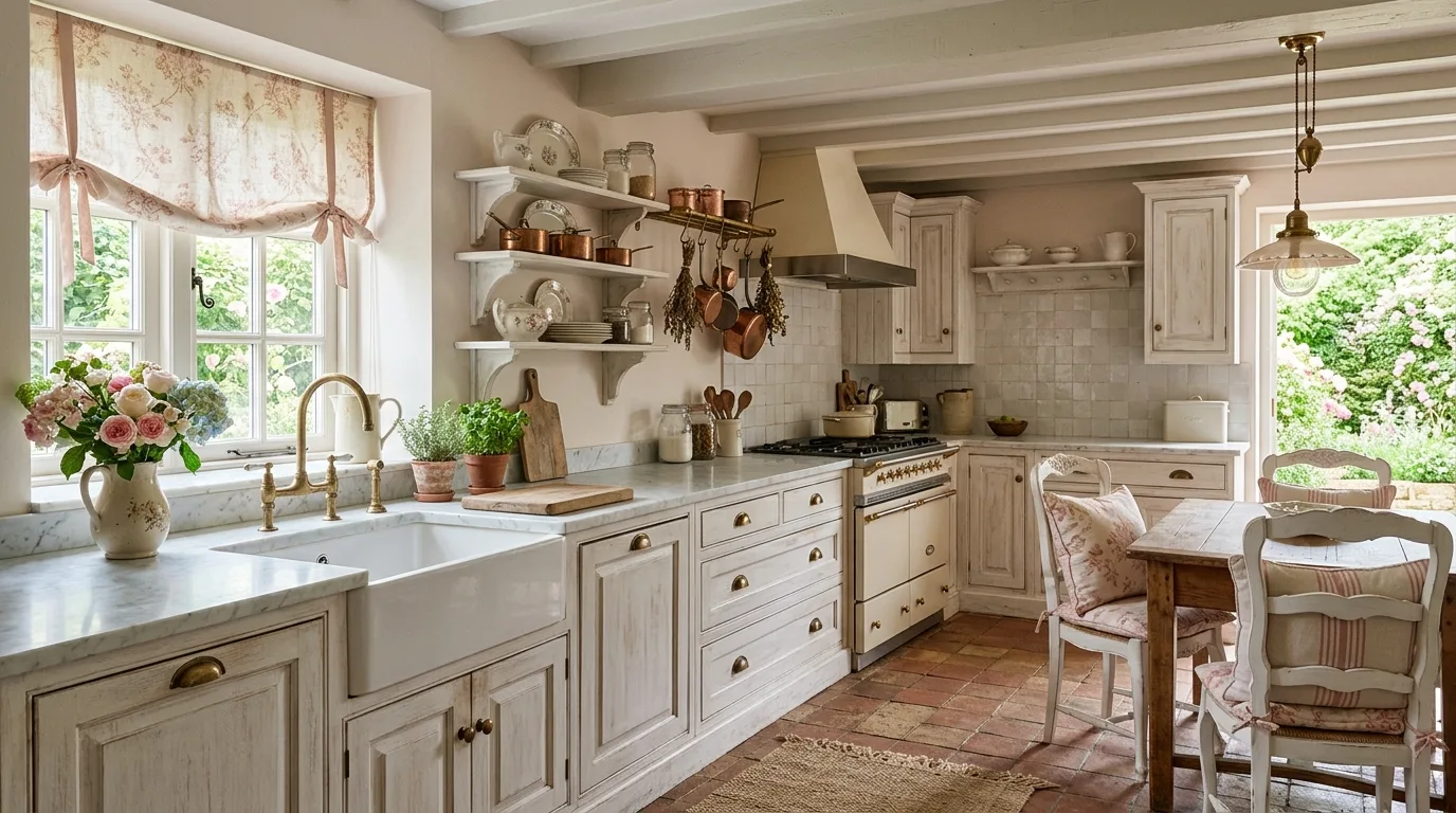 Balanced French cottage farmhouse kitchen. A warm cookspace blending practicality with gentle old-world elegance.