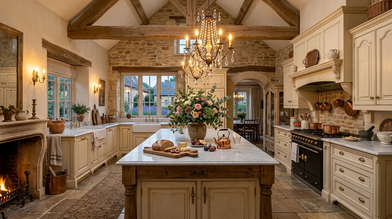 Romantic French cottage kitchen as a complete design. A farmhouse-elegant space built from soft layers and timeless charm.