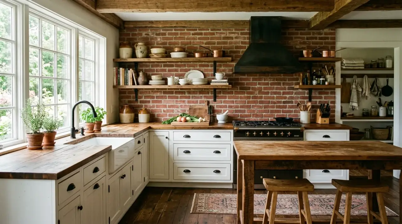 Rustic farmhouse kitchen with brick backsplash adding texture and warmth.