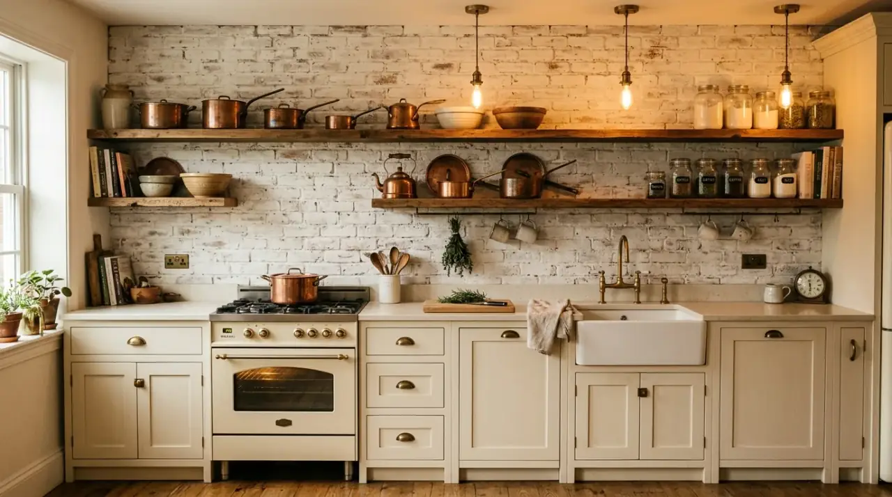 Whitewashed brick backsplash. Softened farmhouse texture brightening the kitchen wall surface.
