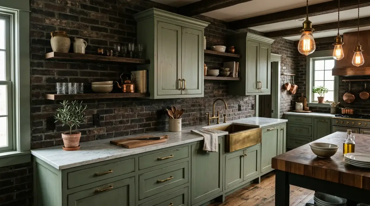 Brick backsplash with wood shelves. Layered natural materials adding warmth to a farmhouse kitchen.
