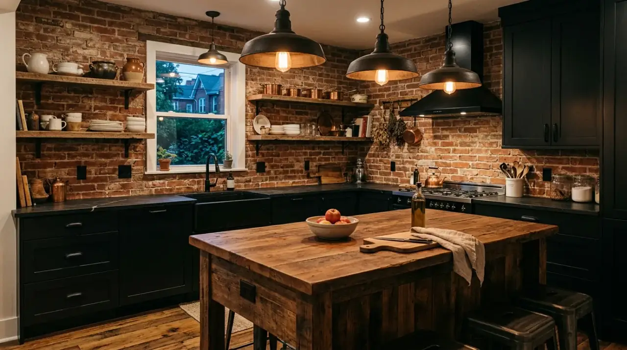 Cream cabinets with brick backsplash. Warm farmhouse pairing of soft cabinetry and aged textured brick.