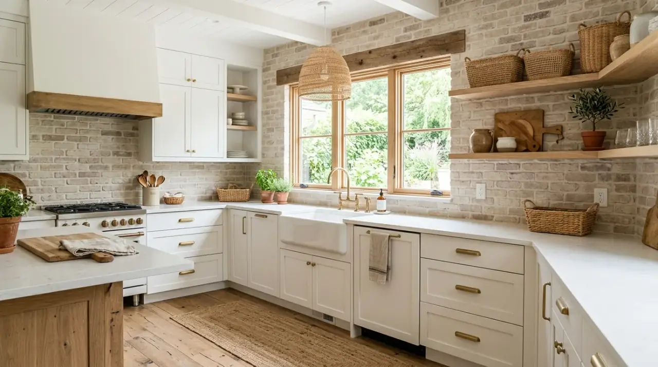 Brick range wall in farmhouse kitchen. Textured focal backsplash adding rustic presence behind the stove.
