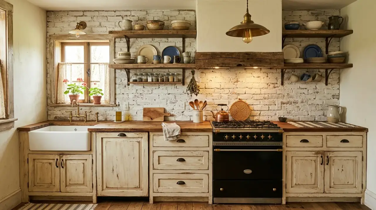 Brick backsplash with black accents. Sharper dark details defining a textured farmhouse kitchen wall.