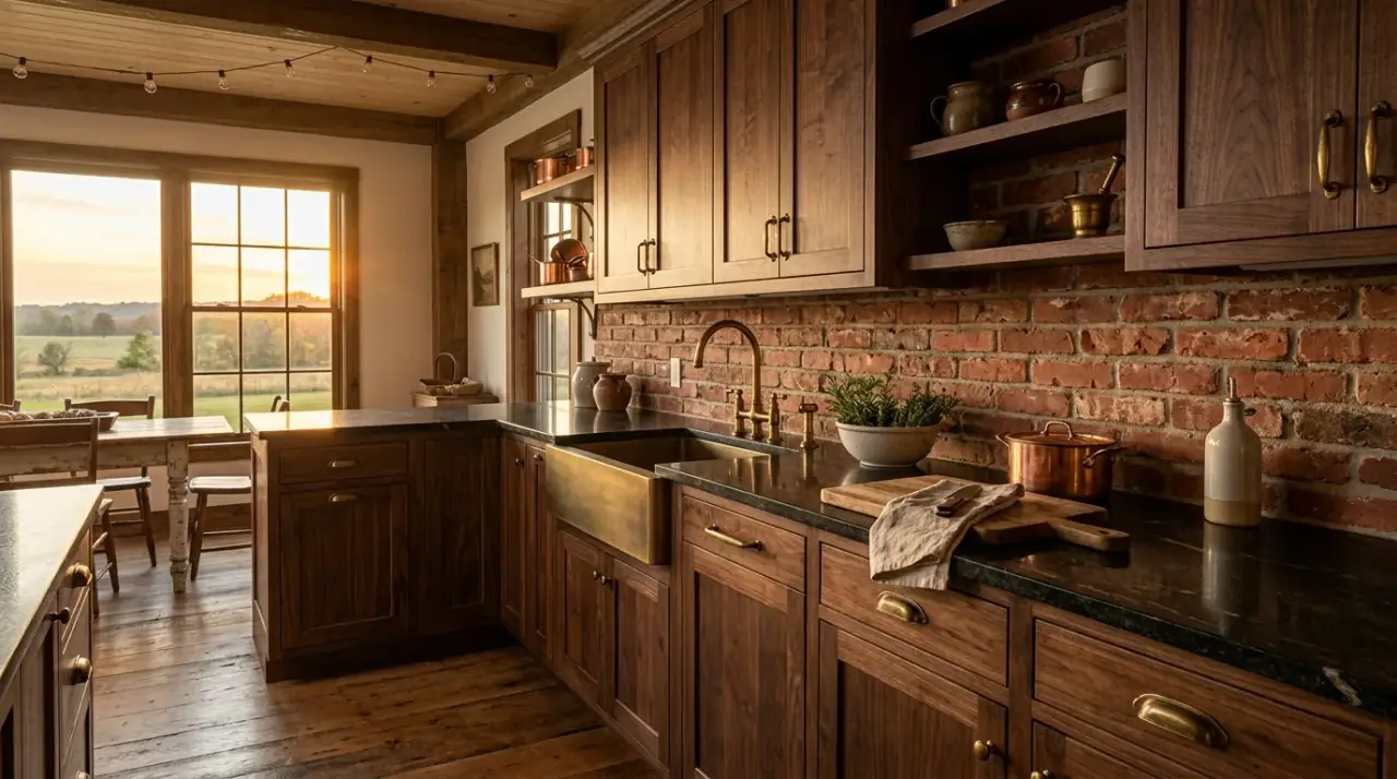 Brick backsplash with butcher block. Warm tactile farmhouse materials pairing naturally in the kitchen.