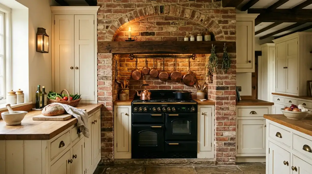 Brick nook backsplash. Smaller brick accent area adding texture without overpowering the kitchen.