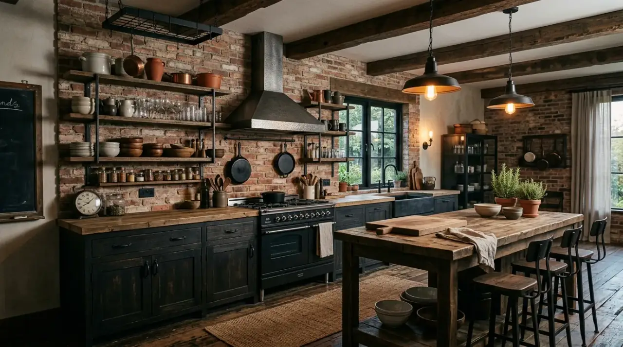 Grey brick farmhouse backsplash. Muted textured wall surface creating a calmer rustic kitchen look.