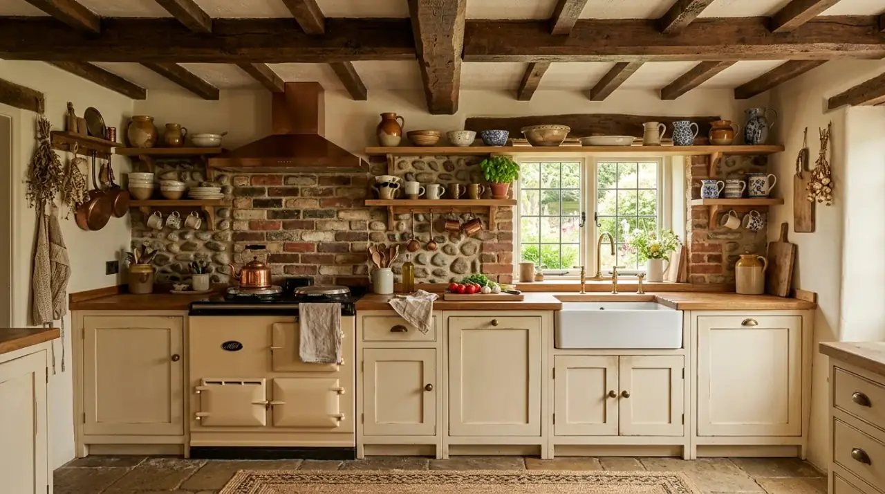 Farmhouse sink with brick backsplash. Classic sink styling enriched by textured farmhouse brick.