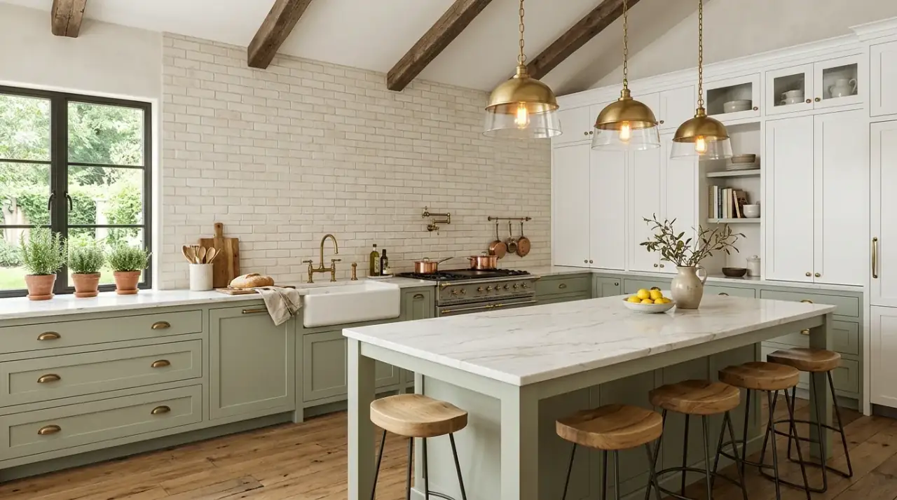 Painted brick backsplash. Lighter farmhouse wall texture preserving brick character in the kitchen.