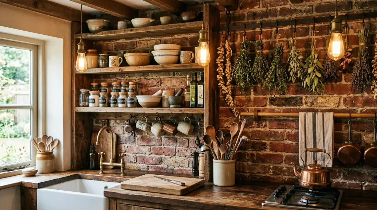 Metal accents with brick backsplash. Aged hardware and textured brick creating stronger farmhouse contrast.