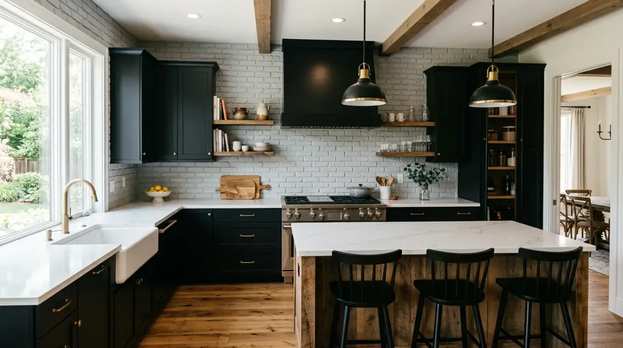 Warm lighting on brick backsplash. Soft illumination highlighting farmhouse brick texture in the kitchen.