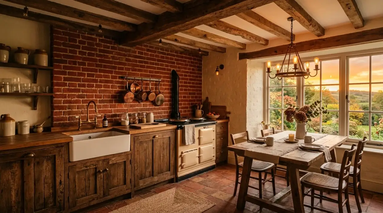 Brick backsplash as full farmhouse texture story. Rustic wall surface helping the whole kitchen feel warmer and older in spirit.