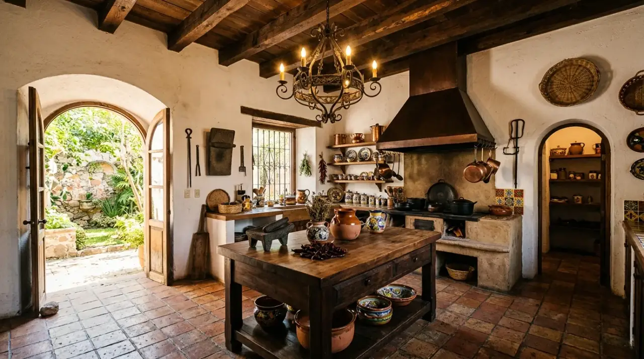 Rustic hacienda kitchen with Spanish Colonial charm, warm plaster, and aged wood.