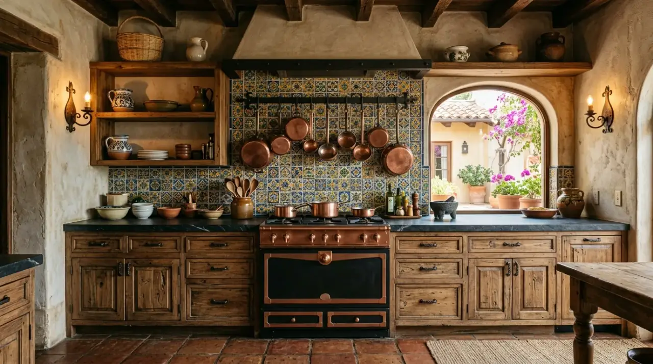 Wood beams in Spanish Colonial kitchen. Dark ceiling beams adding strong rustic hacienda character.