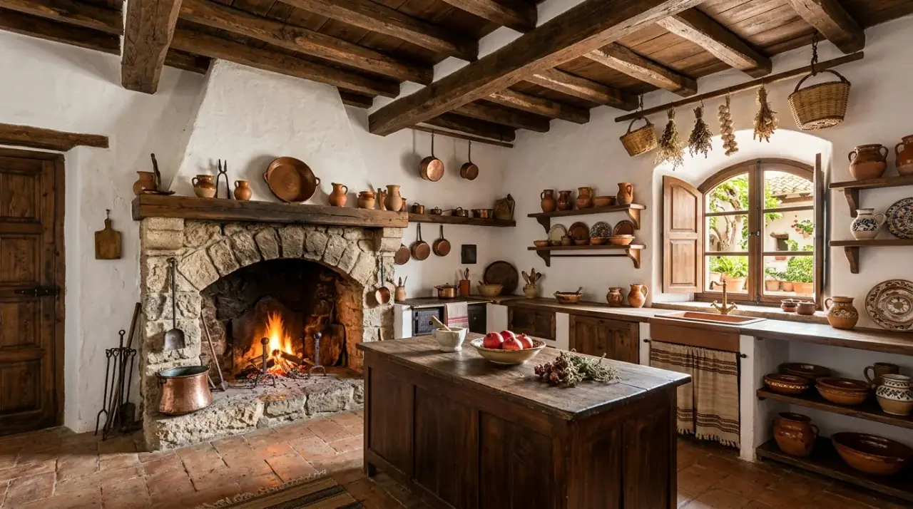 Terracotta floor hacienda kitchen. Earthy floor material adding warmth to a rustic Spanish Colonial kitchen.