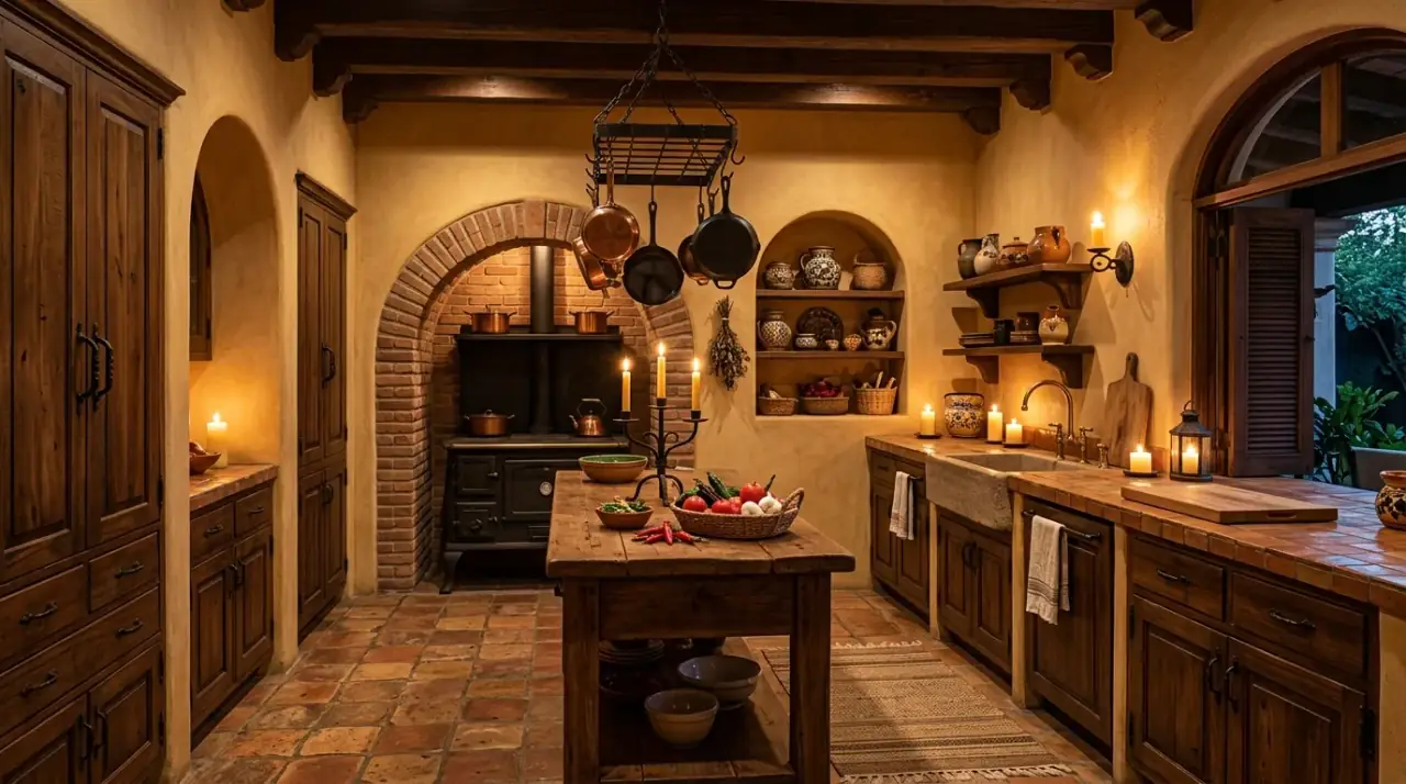 Wrought iron in hacienda kitchen. Dark metal accents reinforcing rustic Spanish Colonial kitchen style.