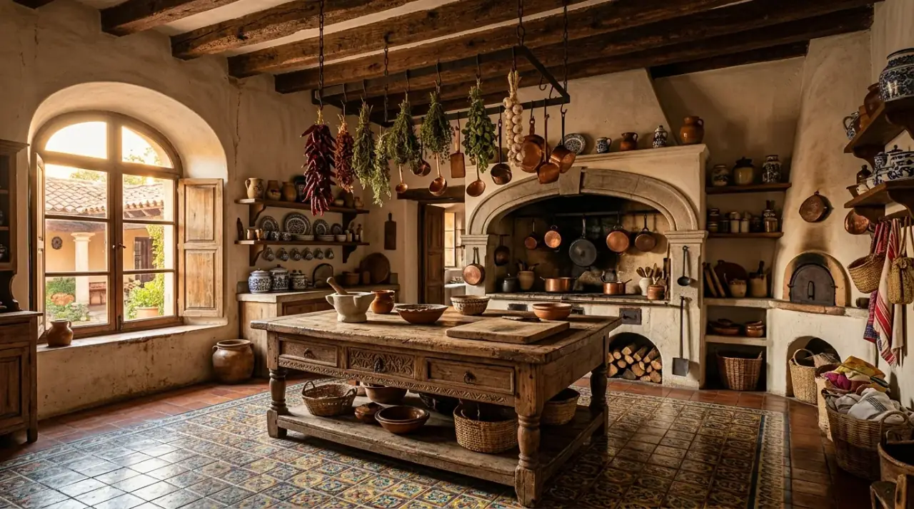 Stone counters in hacienda kitchen. Rustic natural countertop material adding weight to the kitchen.