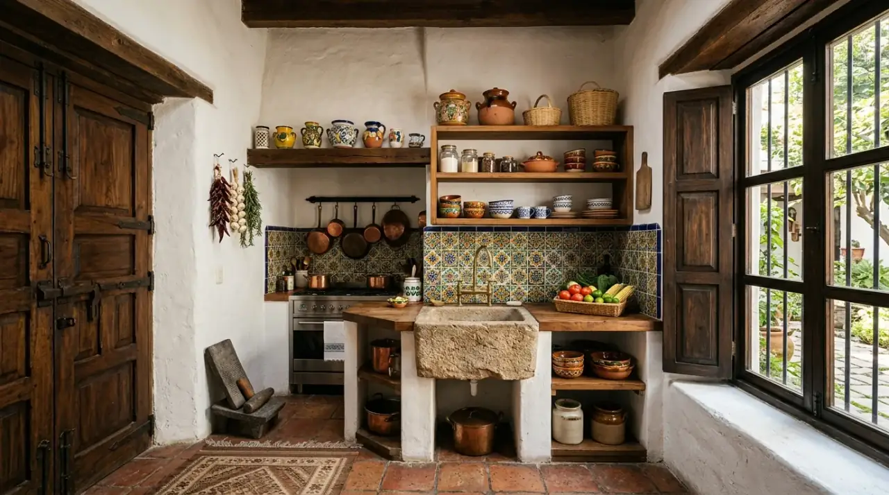 Arched details in hacienda kitchen. Curved architecture adding softer drama to a rustic Spanish kitchen.
