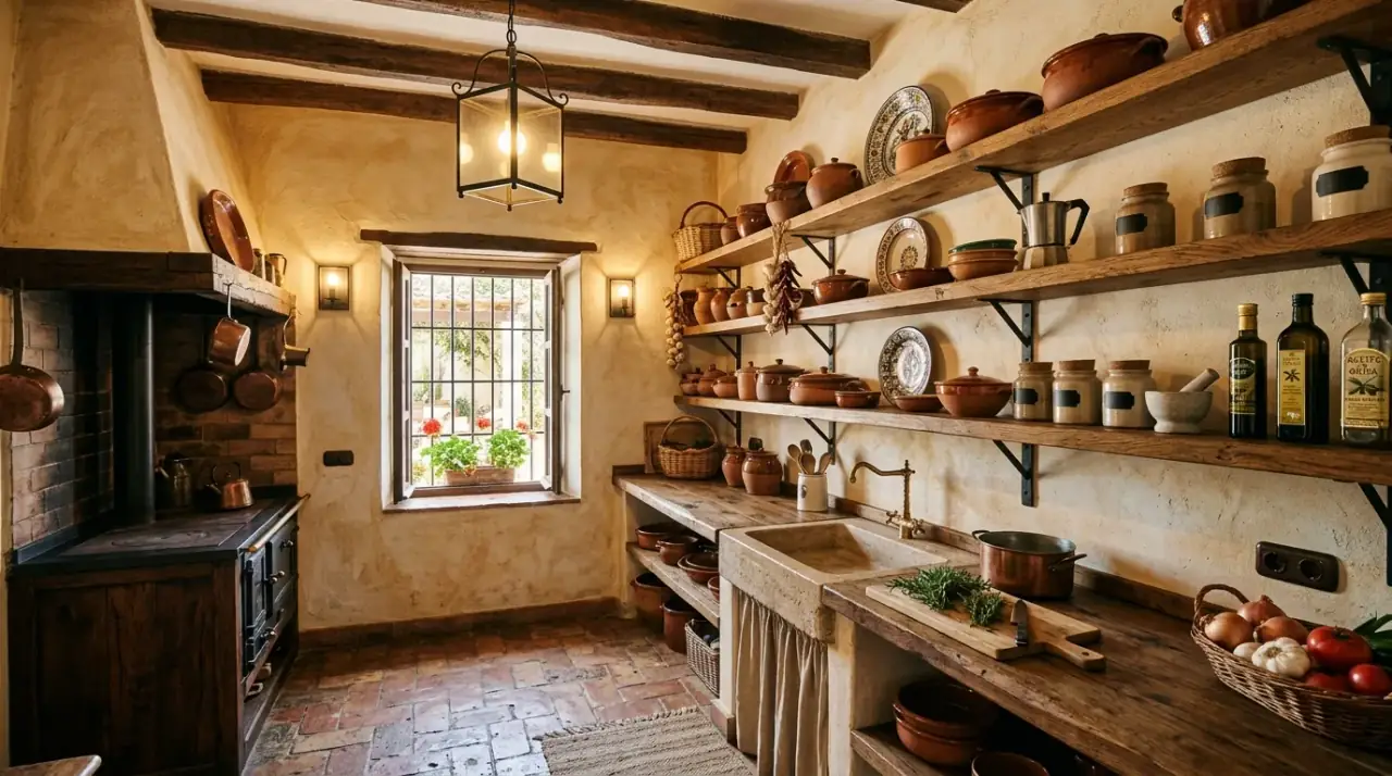 Aged wood cabinets in hacienda kitchen. Rich timber cabinetry deepening the Spanish Colonial atmosphere.