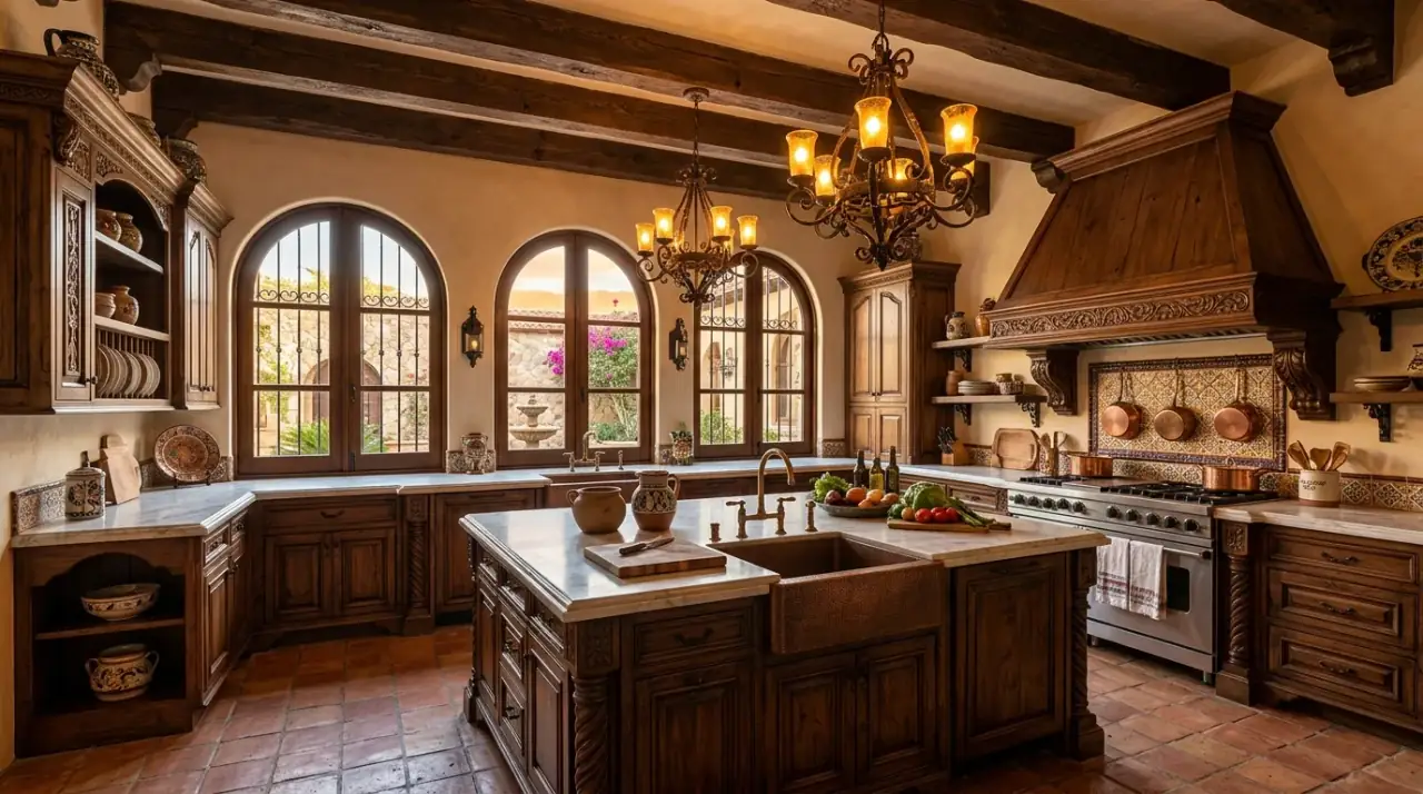 Patterned tile in hacienda kitchen. Traditional decorative tile adding color and movement to the kitchen.