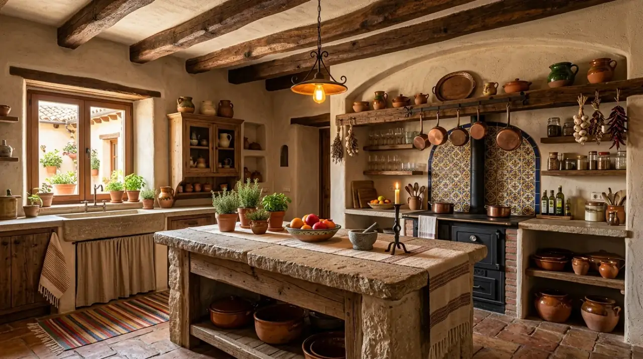 Rustic island in hacienda kitchen. Furniture-like island bringing warmth and Spanish Colonial character.