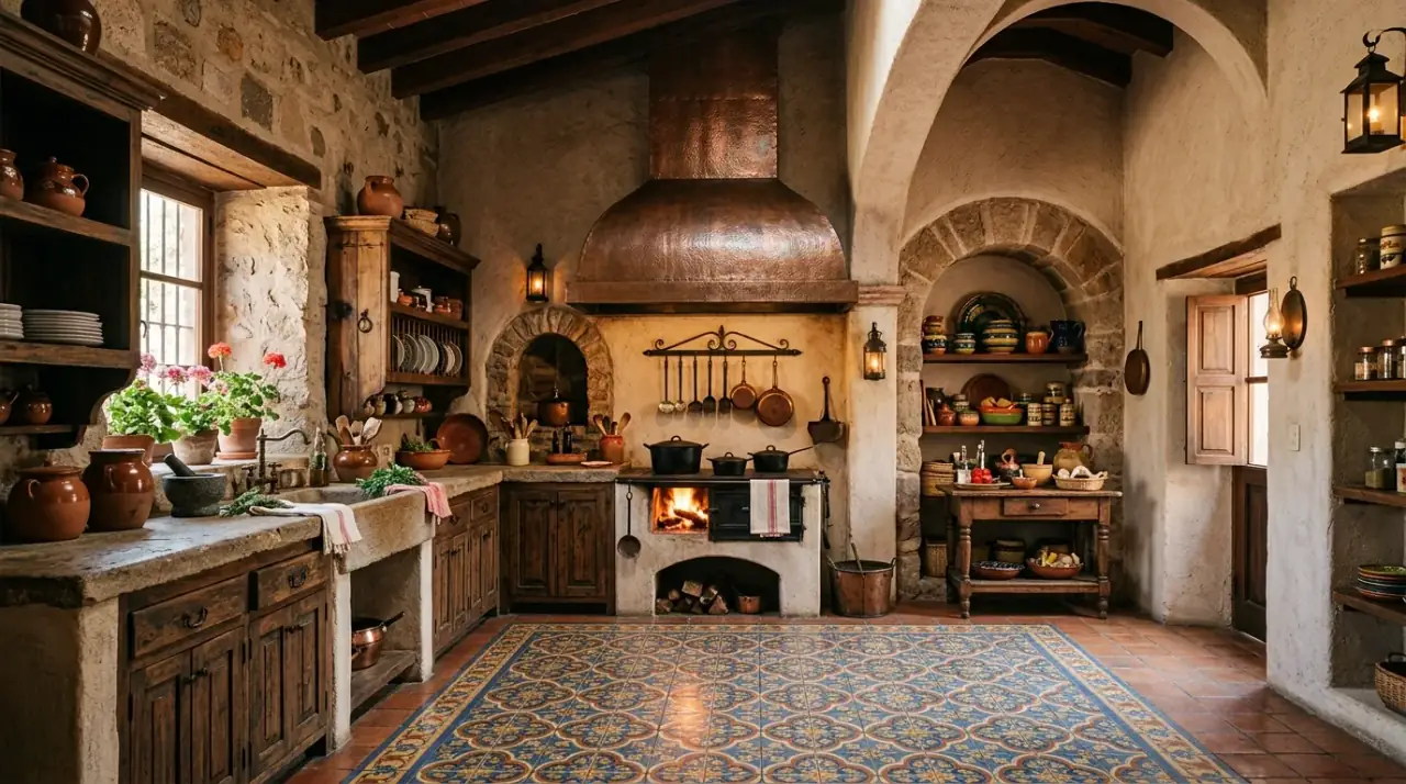 Copper accents in hacienda kitchen. Warm metal details enriching a rustic Spanish Colonial kitchen palette.