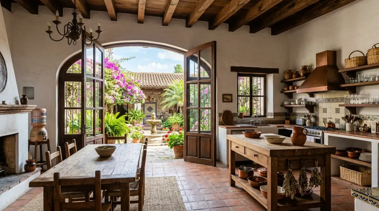 Open shelves in hacienda kitchen. Pottery display adding warmth and personal character to the kitchen.