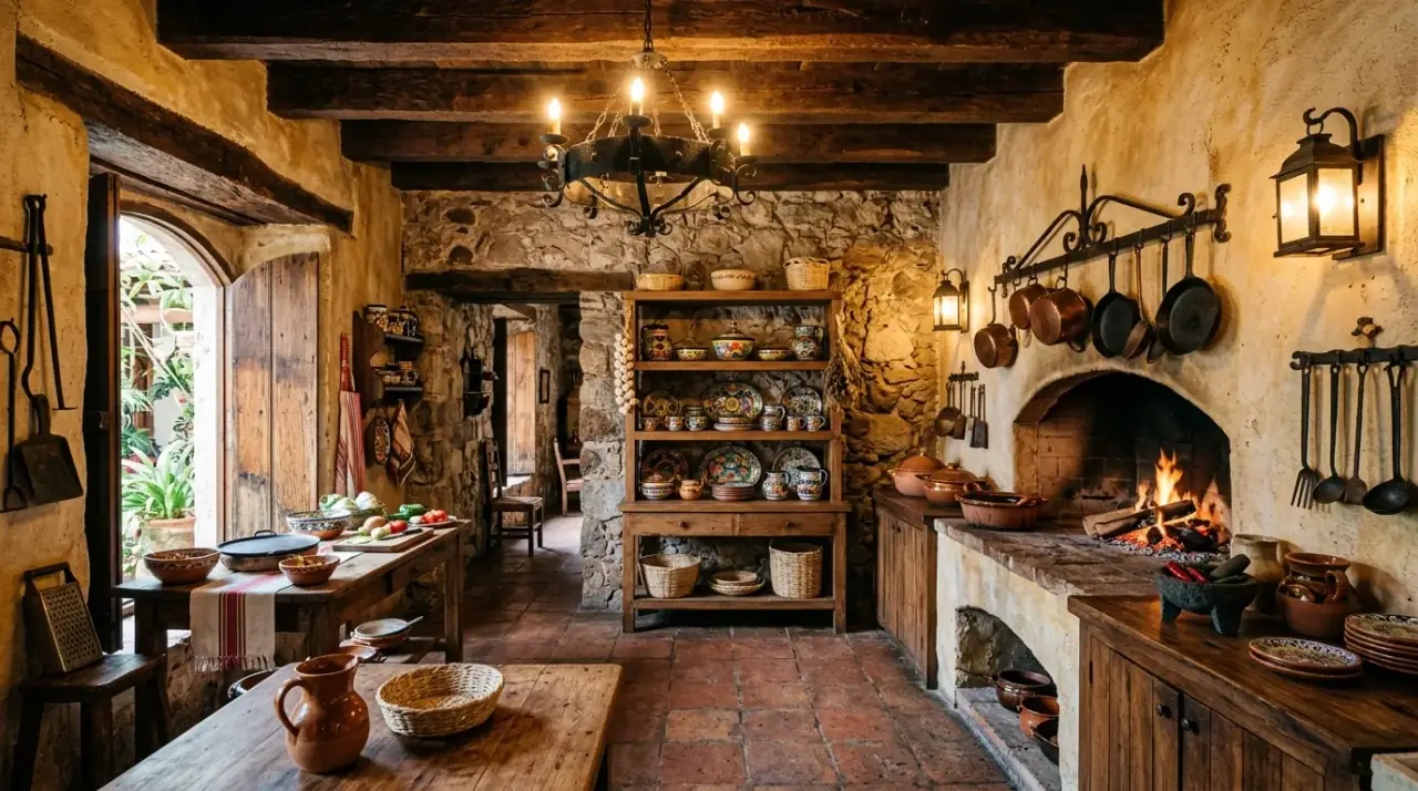 Warm lighting in hacienda kitchen. Soft evening illumination enhancing rustic Spanish Colonial materials.