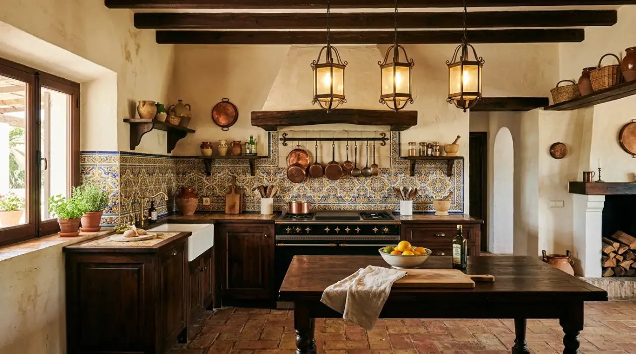 Cream tones in hacienda kitchen. Lighter surfaces balancing the deeper rustic materials in the room.