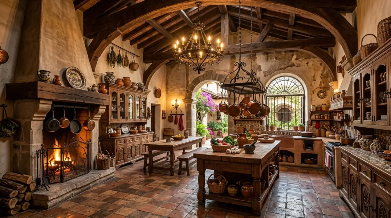 Full hacienda kitchen palette. Rustic Spanish Colonial kitchen built from warm layered materials and texture.