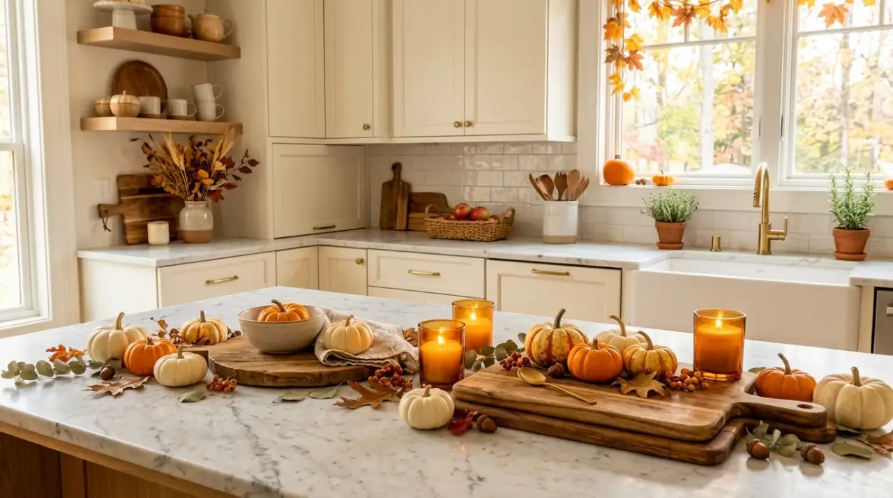 Seasonal fall kitchen decor accents creating a quick warm refresh with color, texture, and light.