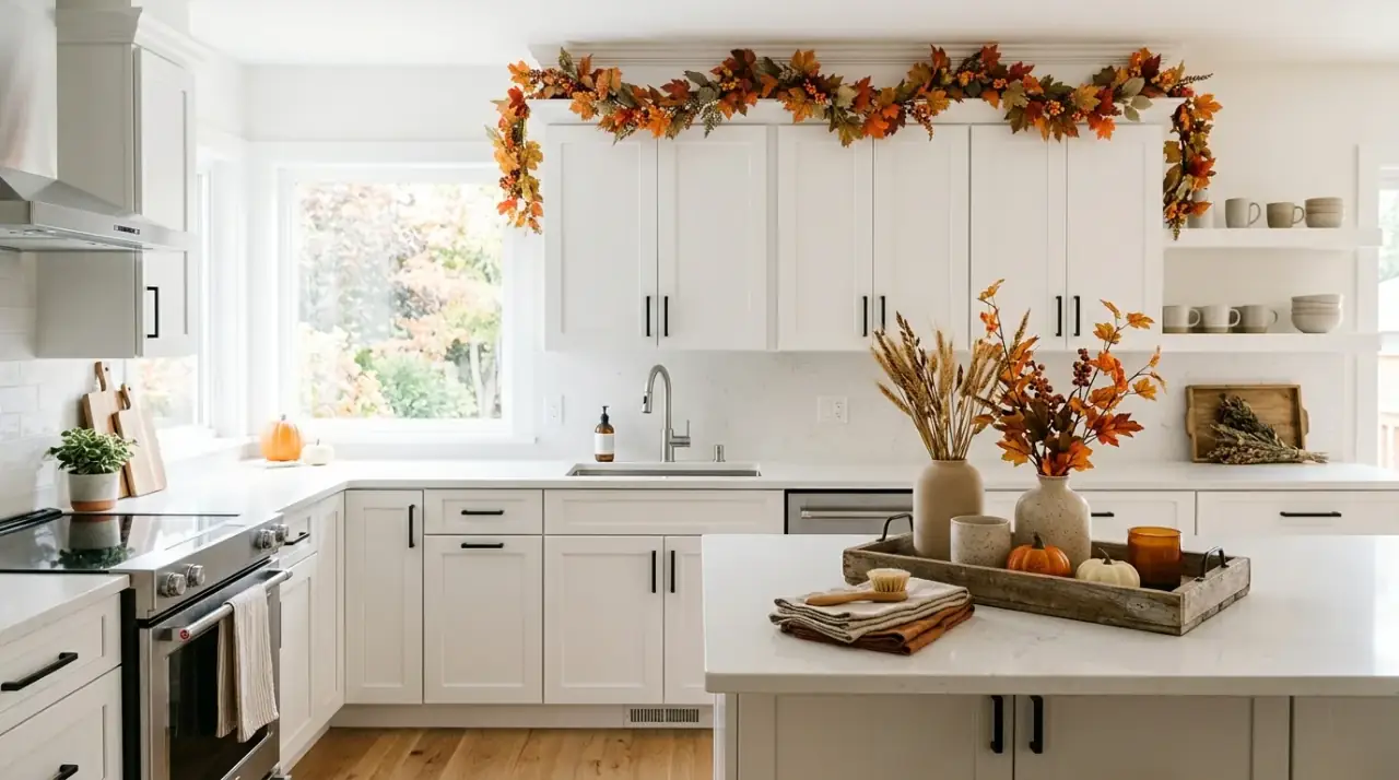 Mini pumpkins kitchen accent. Quick autumn kitchen refresh with muted pumpkins and gourds.