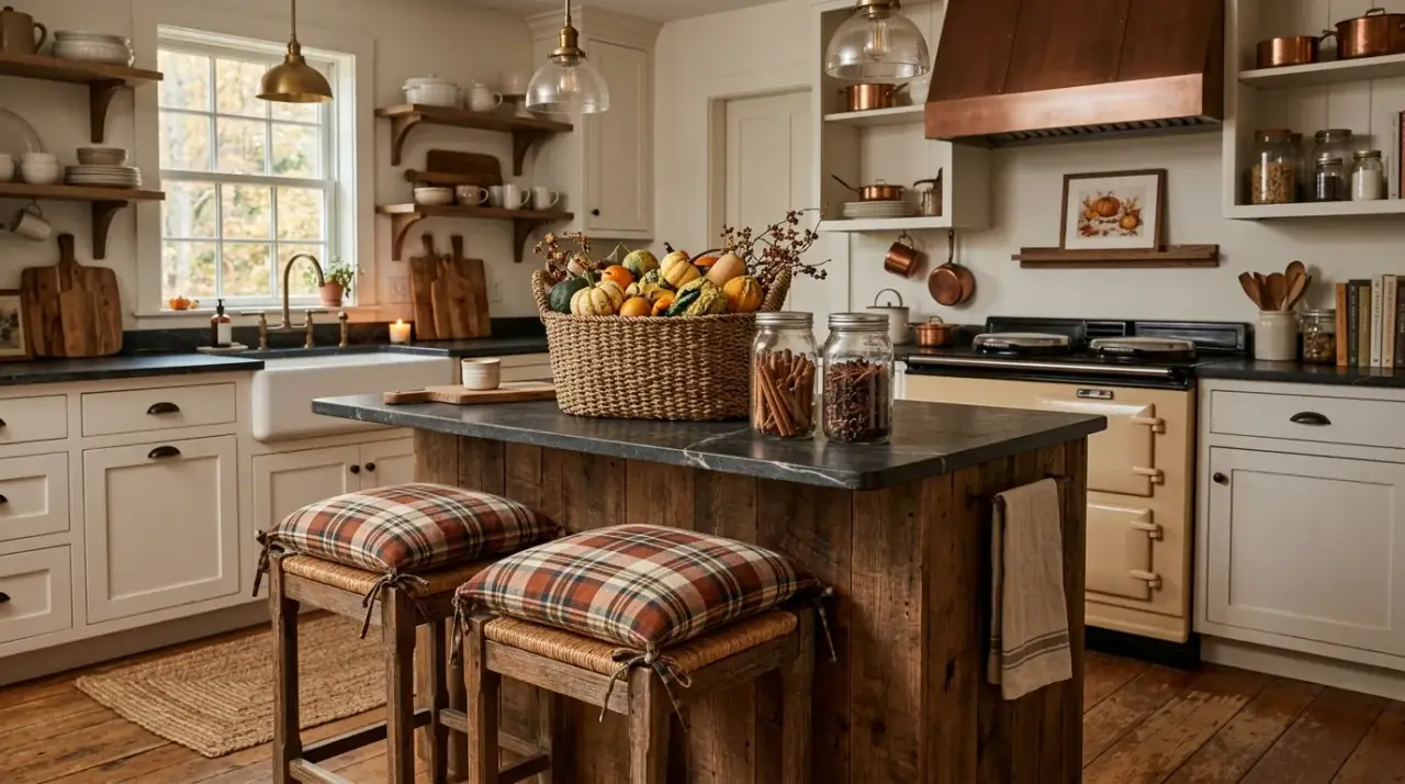 Amber glass fall kitchen. Warm glass accents creating a quick seasonal glow in the kitchen.